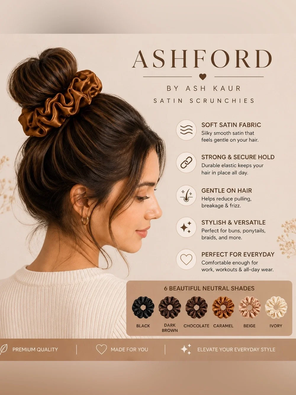 Ashford by Ash Kaur Satin Scrunchies Set of 6 | Neutral Colors | NWT